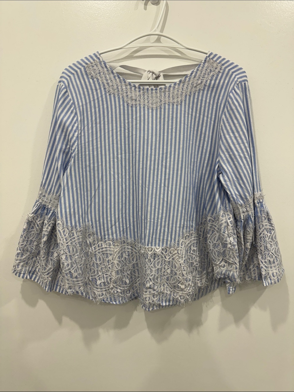 Zara Woman Blue White Striped Lace Trim Ruffle Blouse Size L